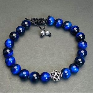 925 Blue Tiger Eye Sterling Silver Beaded Bracelet